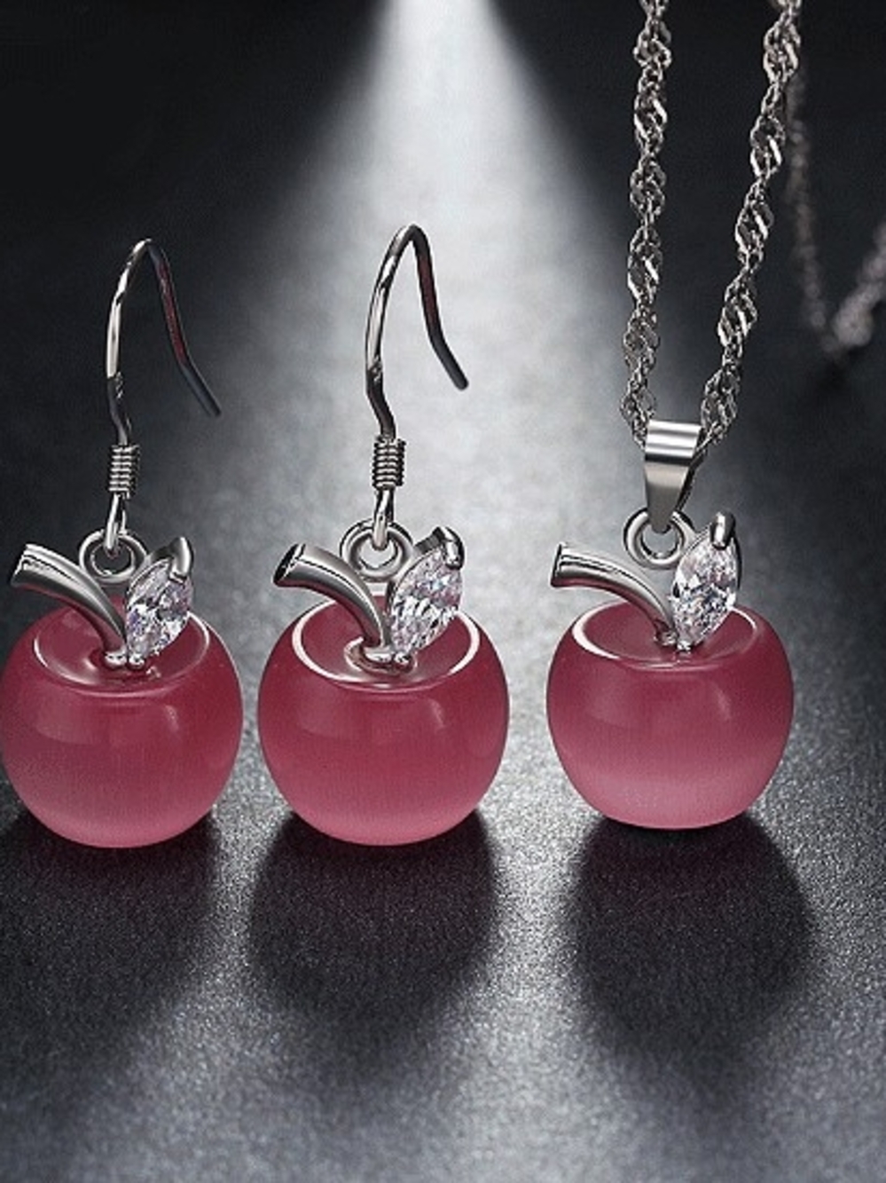 925 Sterling Silver Crystal Apple Pendant & Earrings Set (No Necklace)